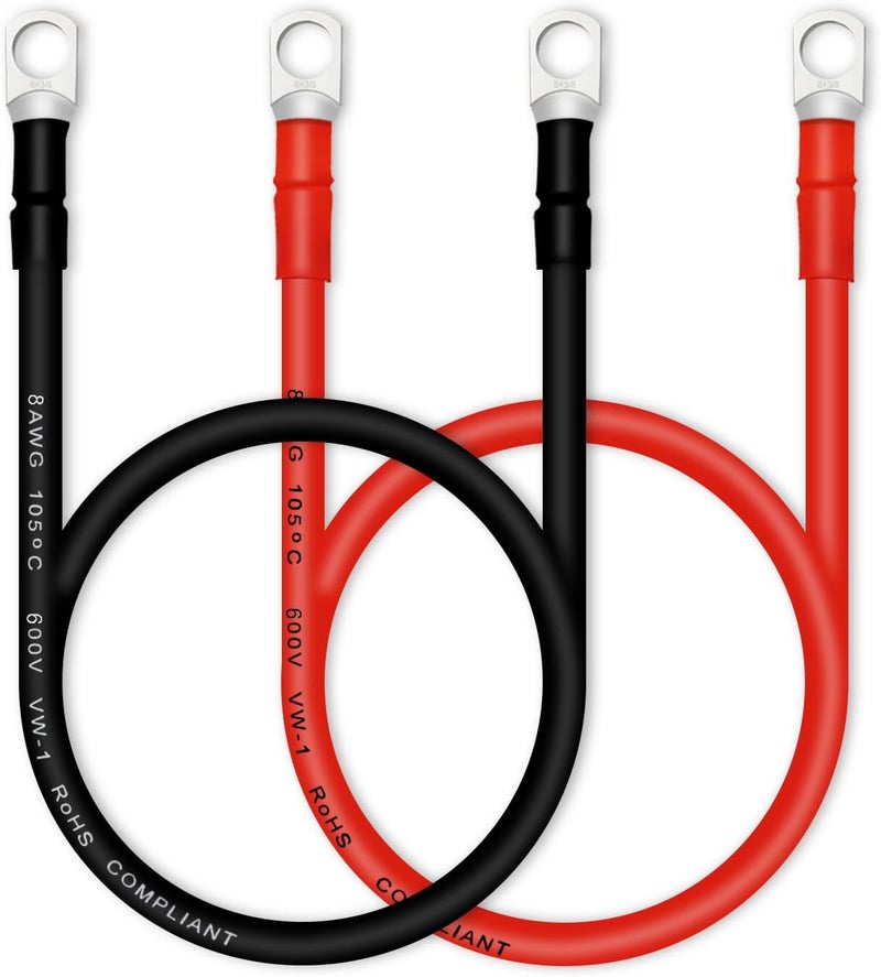 QIATOL كابل بطارية، كابلات بطارية 8 AWG مع أطراف، 2 قطعة كابلات بطارية نحاسية (18 بوصة) - Image 1